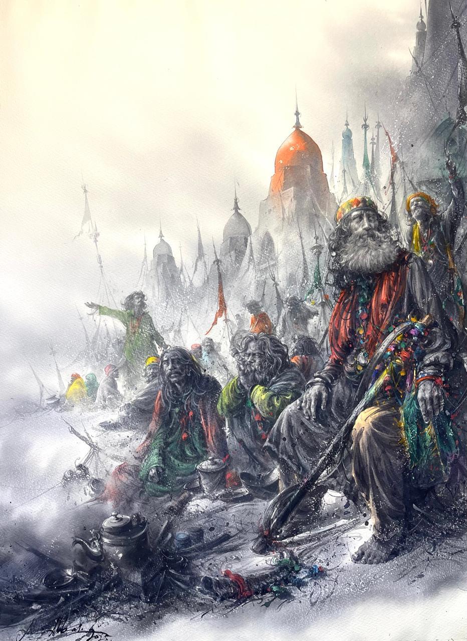 Sufis at a Shrine, Figurative Painting by Ali Abbas, Watercolor on Paper, 22 x 29.5 inches