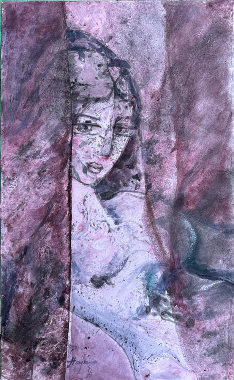 Untitled, Figurative Painting by Hajra Mansoor, Oil on Paper, 13.2 x 20.6 inches