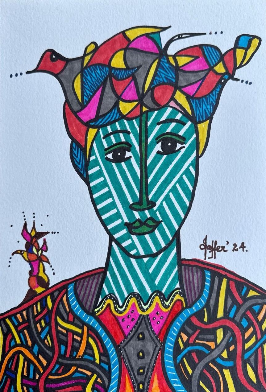 4 Birds - I, Portrait Painting by Wahab Jaffer, Acrylic and Marker on Paper, 8.5 x 12 inches
