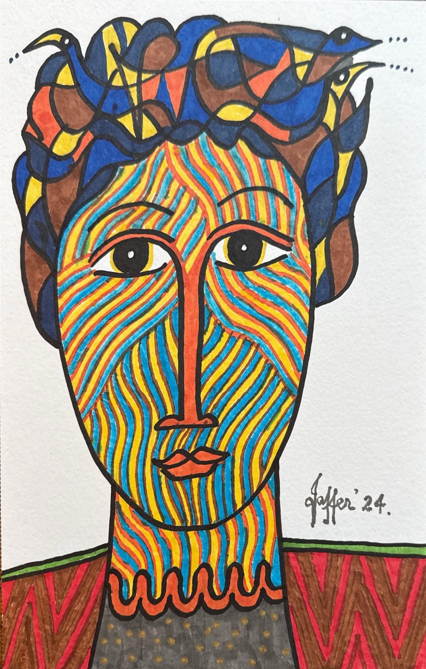 3 Birds, Portrait Painting by Wahab Jaffer, Mixed Media on Paper, 8.5 x 12 inches