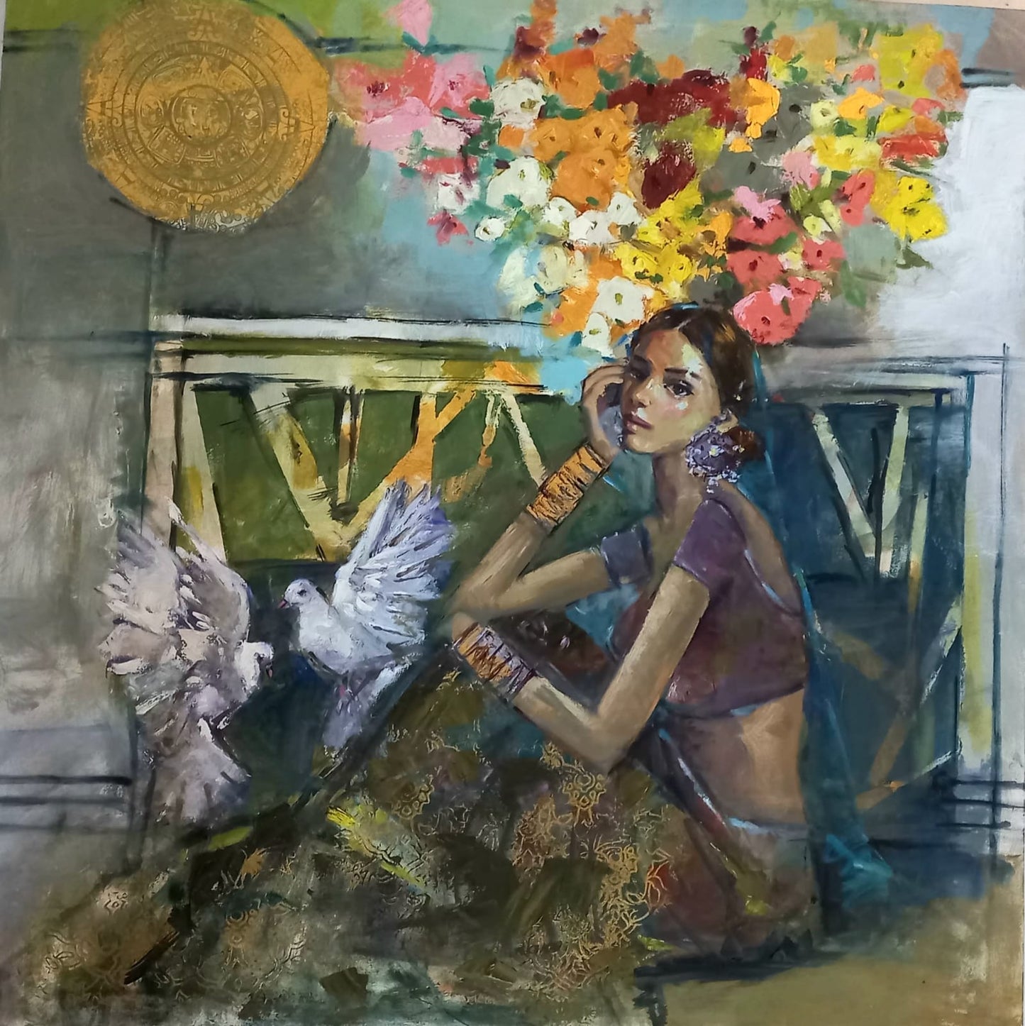 Untitled, Figurative Painting by Tayyaba Aziz, Oil & Acrylic on Canvas, 30 x 30 inches.