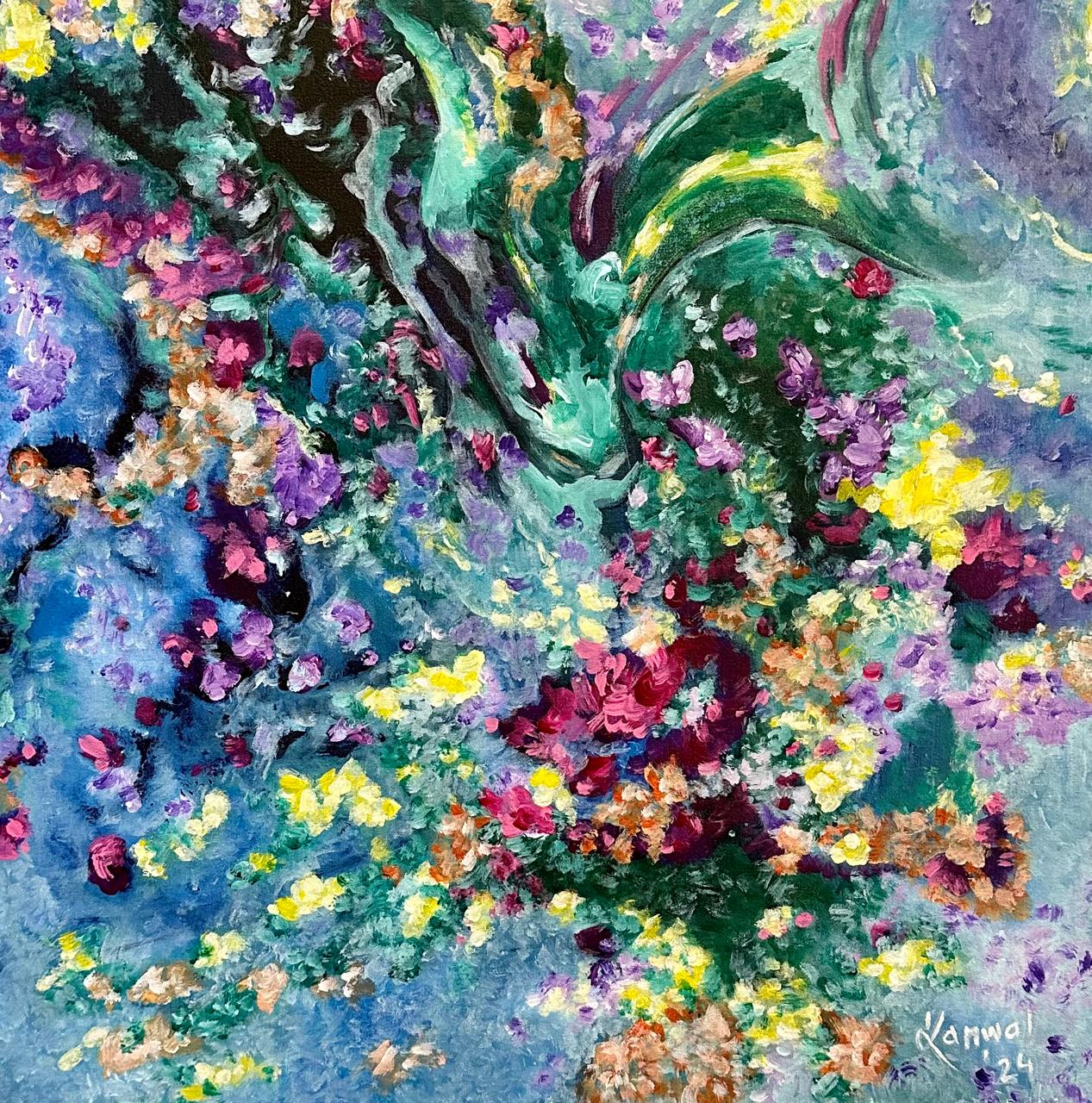 Under The Mistletoe, Floral Painting by Kanwal Zafar, Acrylic on Canvas, 18 x 18 inches