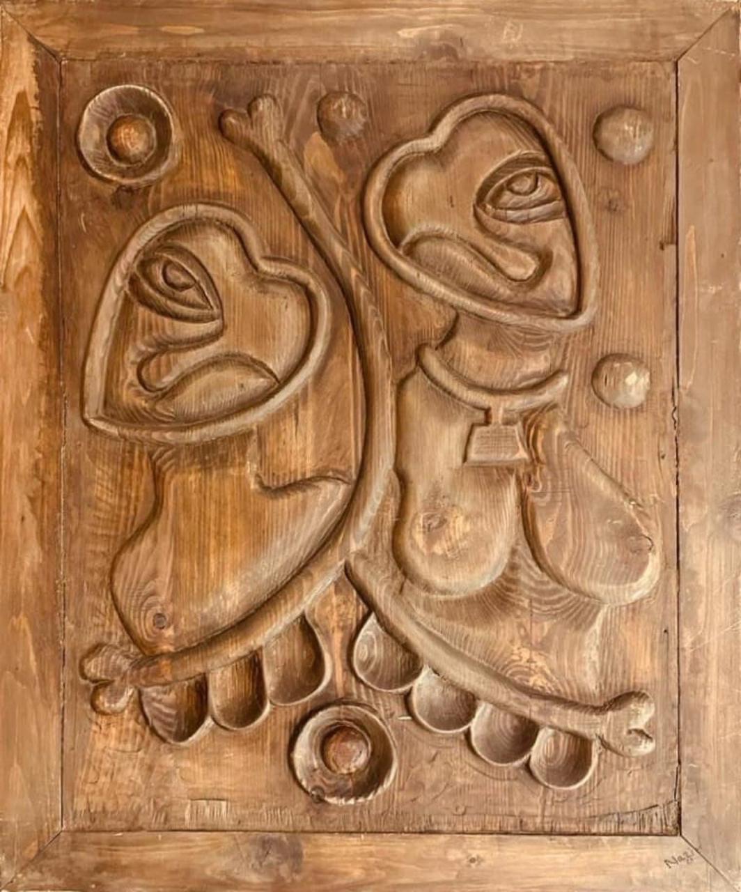 Figurative Relief Sculpture by Akram Dost, Carved in Deodar wood, 28 x 35 inches
