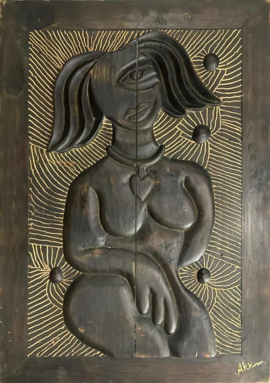 Figurative Relief Sculpture by Akram Dost, Carved in Deodar wood, 25 x 36 inches