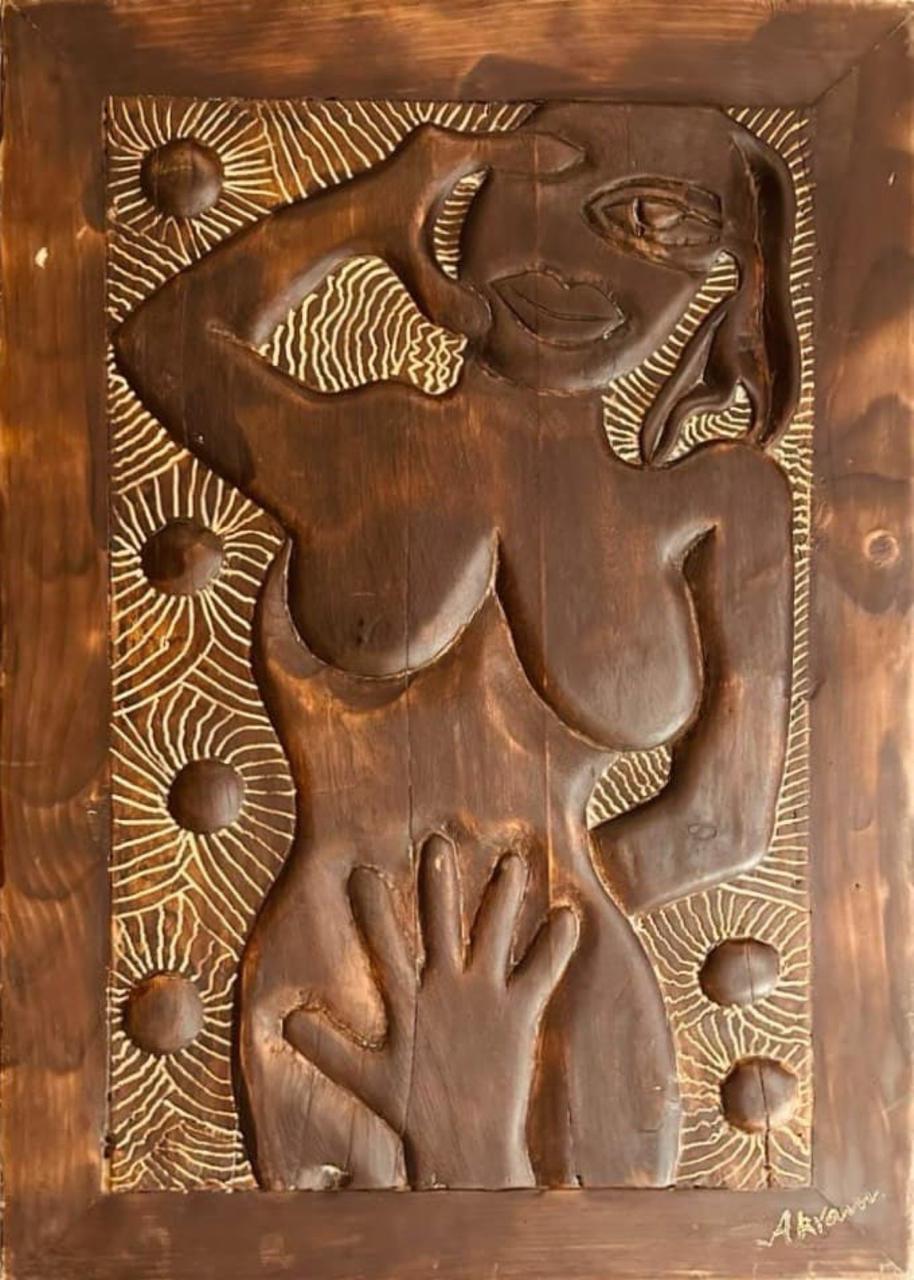 Figurative Relief Sculpture by Akram Dost, Carved in Deodar wood, 22 x 32 inches