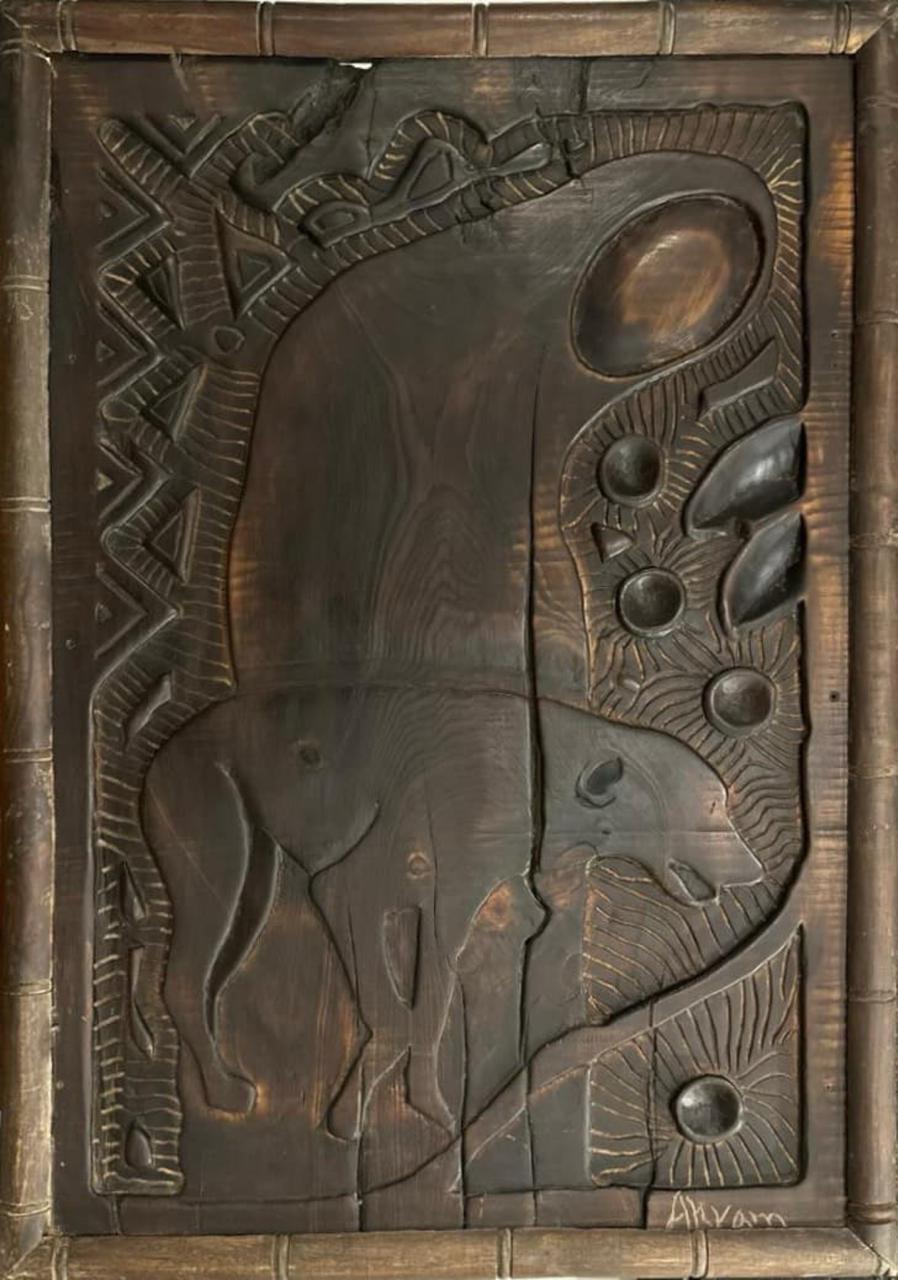 Figurative Relief Sculpture by Akram Dost, Carved in Deodar wood, 23 x 31 inches