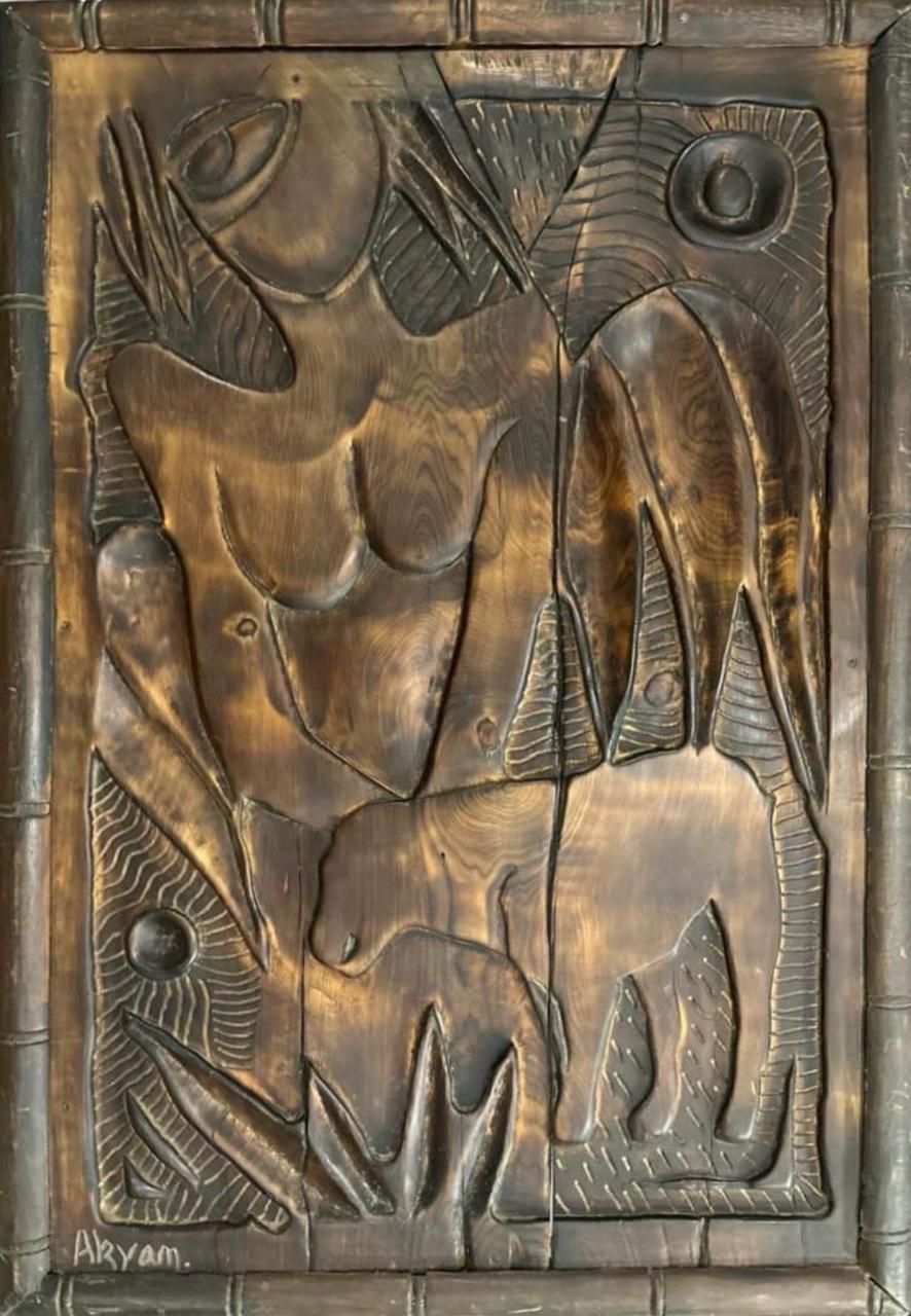 Figurative Relief Sculpture by Akram Dost, Carved in Deodar wood, 23 x 34 inches