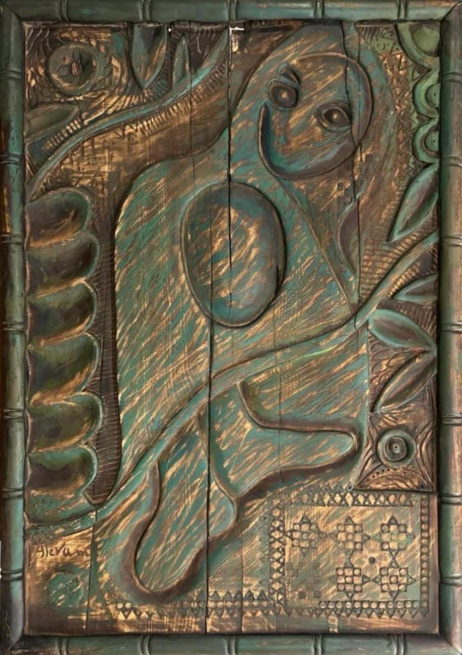 Figurative Relief Sculpture by Akram Dost, Carved in Deodar wood, 25 x 36 inches