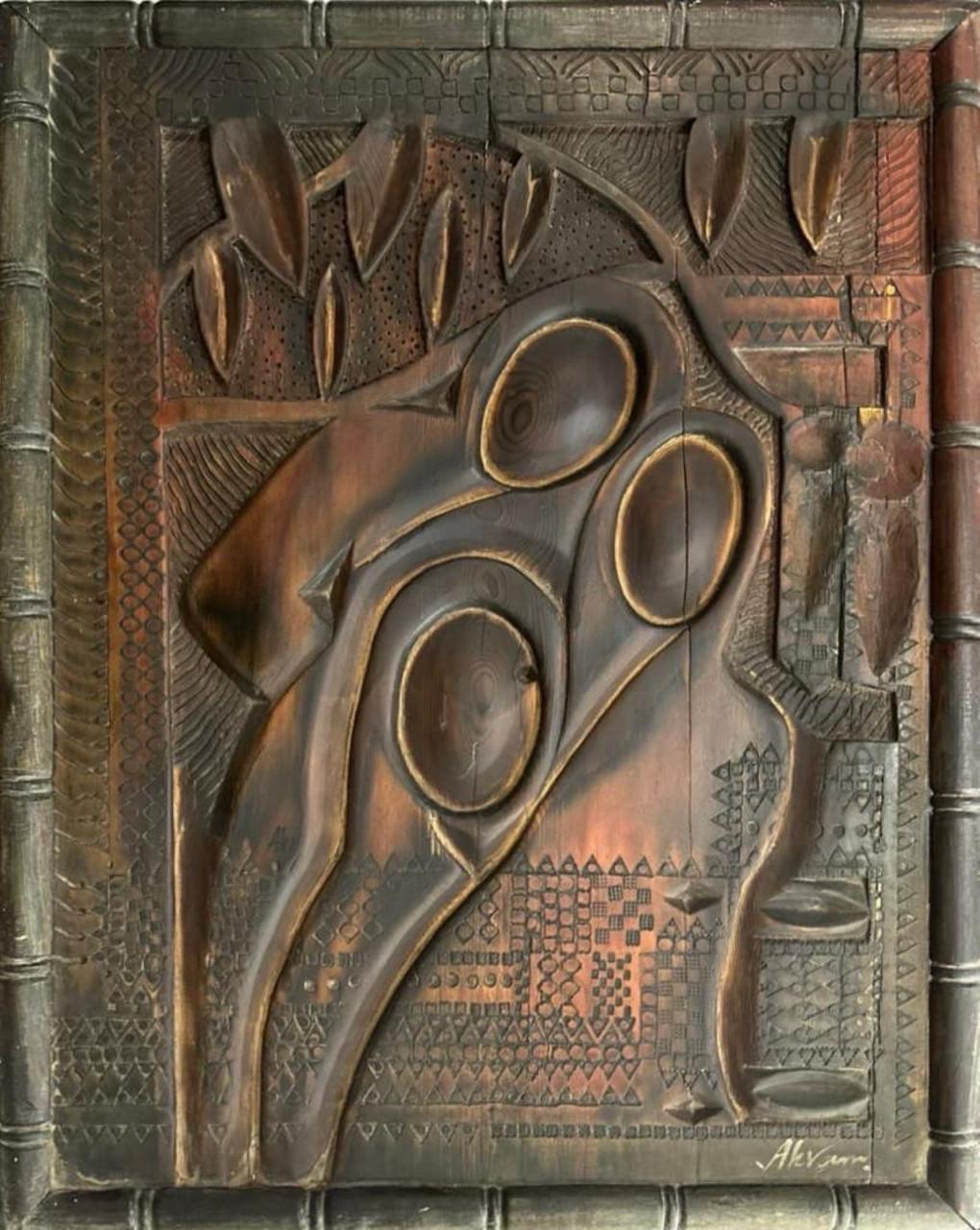 Figurative Relief Sculpture by Akram Dost, Carved in Deodar wood, 26 x 30 inches