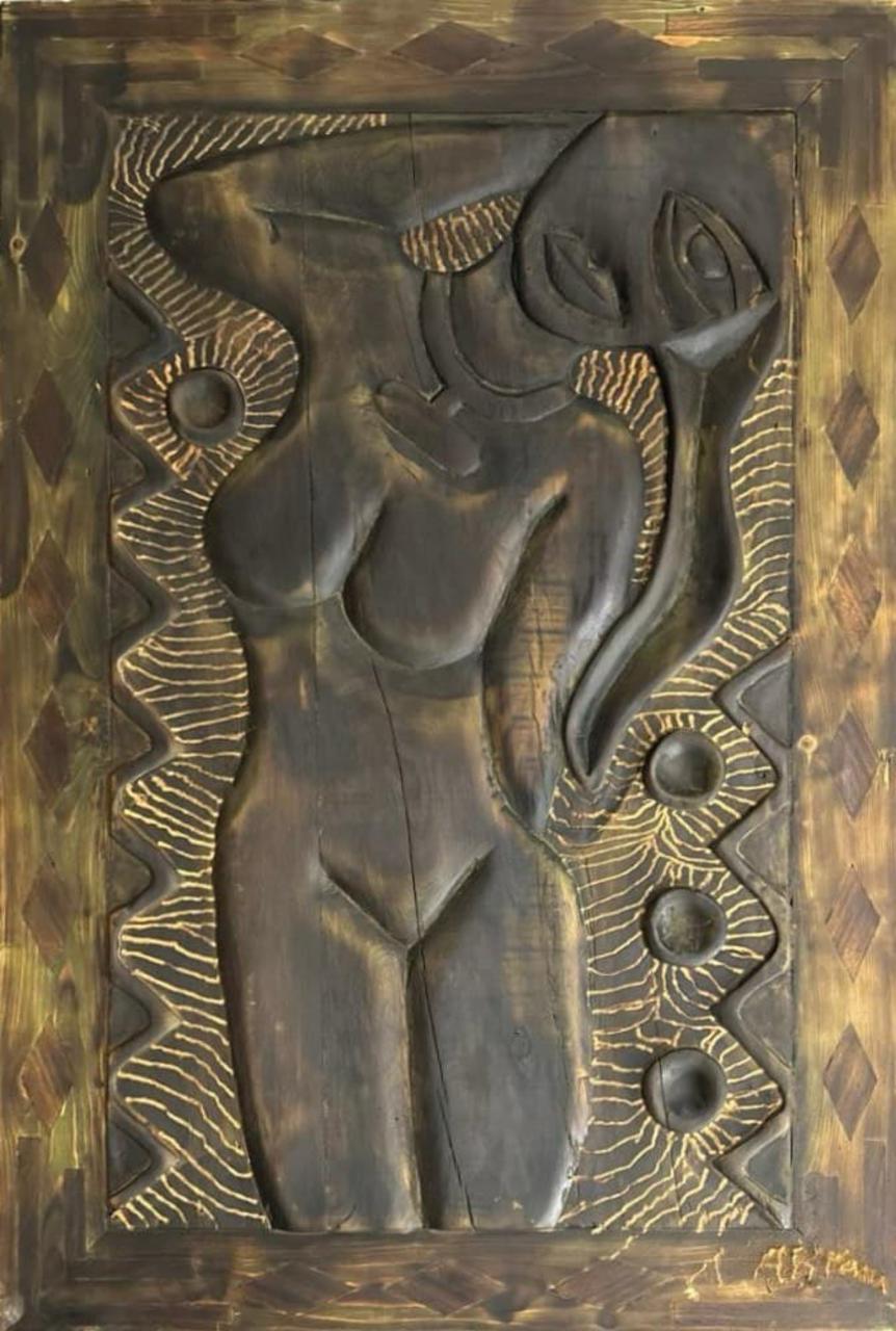 Figurative Relief Sculpture by Akram Dost, Carved in Deodar wood, 22 x 36 inches