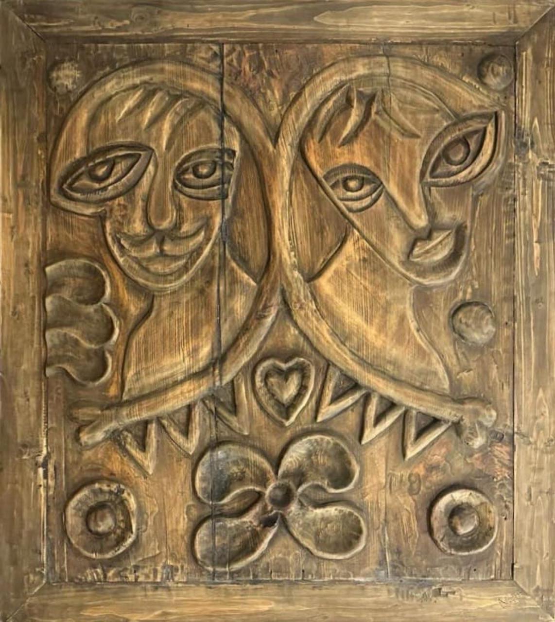 Figurative Relief Sculpture by Akram Dost, Carved in Deodar wood, 30 x 34 inches