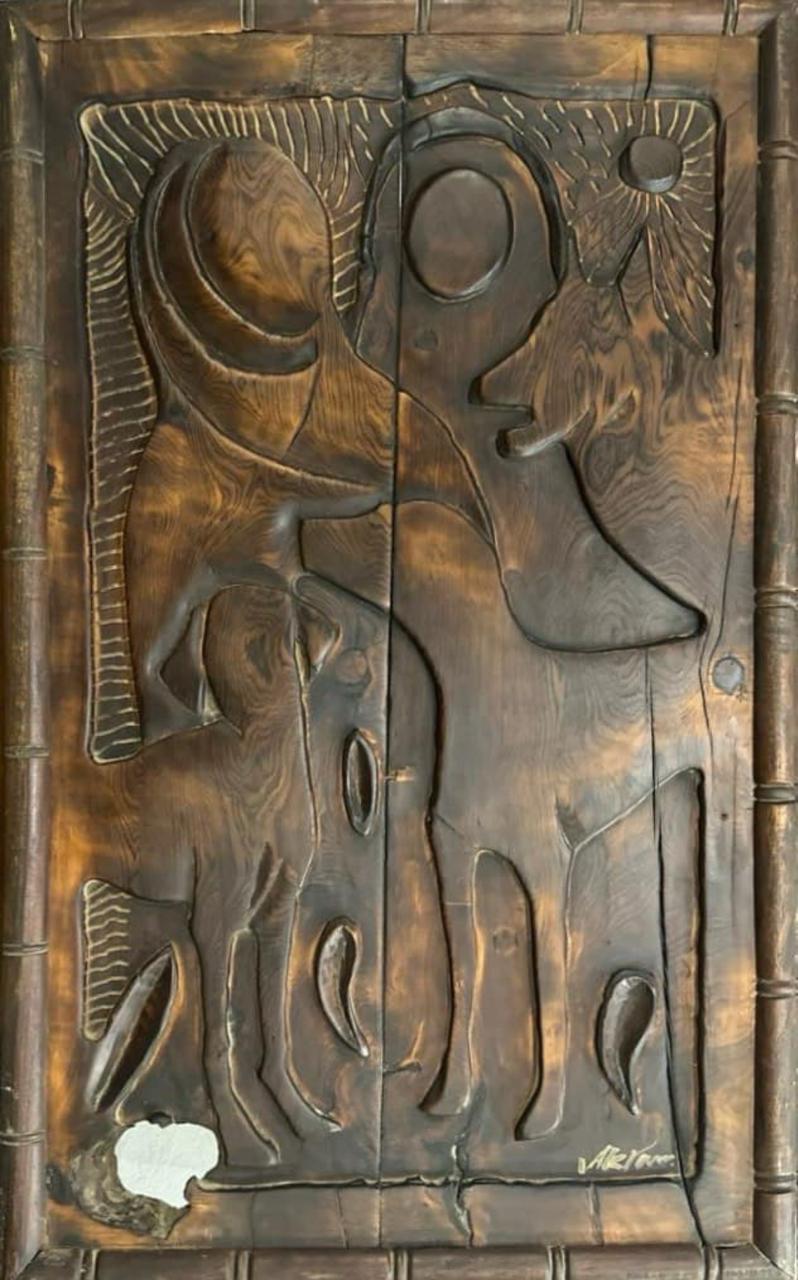 Figurative Relief Sculpture by Akram Dost, Carved in Deodar wood, 23 x 39 inches