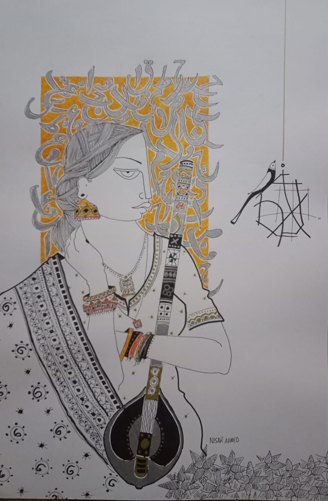 Untitled, Portrait Drawing by Nisar Ahmad, Mixed Media on paper, 14 x 21 inches