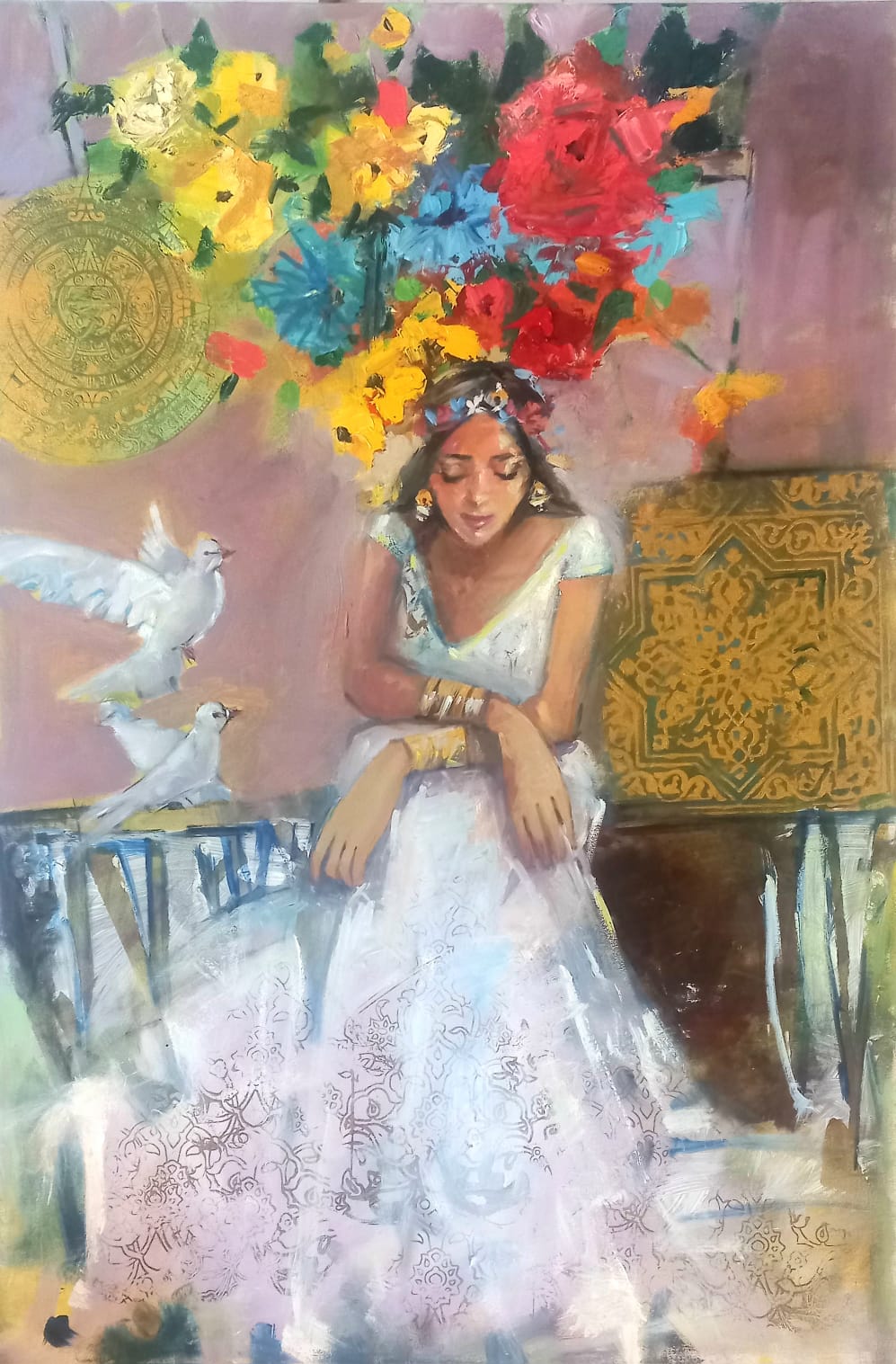 Untitled, Figurative Painting by Tayyaba Aziz, Oil & Acrylic on Canvas, 24 x 36 inches