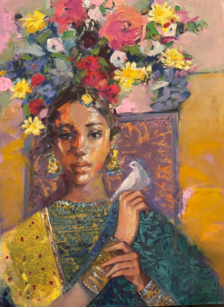 Untitled, Figurative Painting by Tayyaba Aziz, Oil & Acrylic on Canvas, 18 x 24 inches