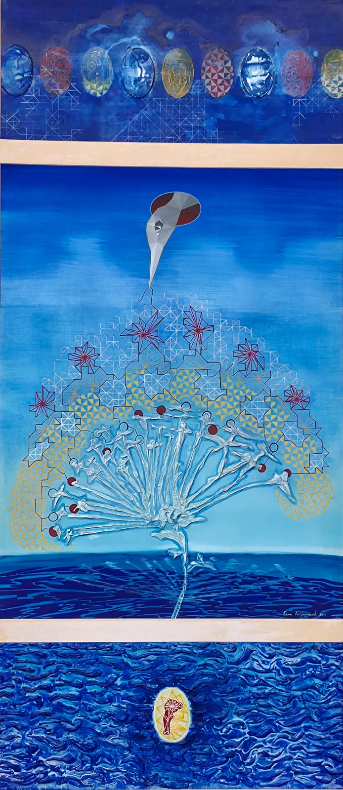 Between Water & Sky (Triptych), Painting by Sana Arjumand, Acrylic, Ink & Embroidery on Wasli, Upper & Lower Panel 27 x 8 Inches - Middle Panel 27 x 21 Inches(PRICE ON REQUEST)