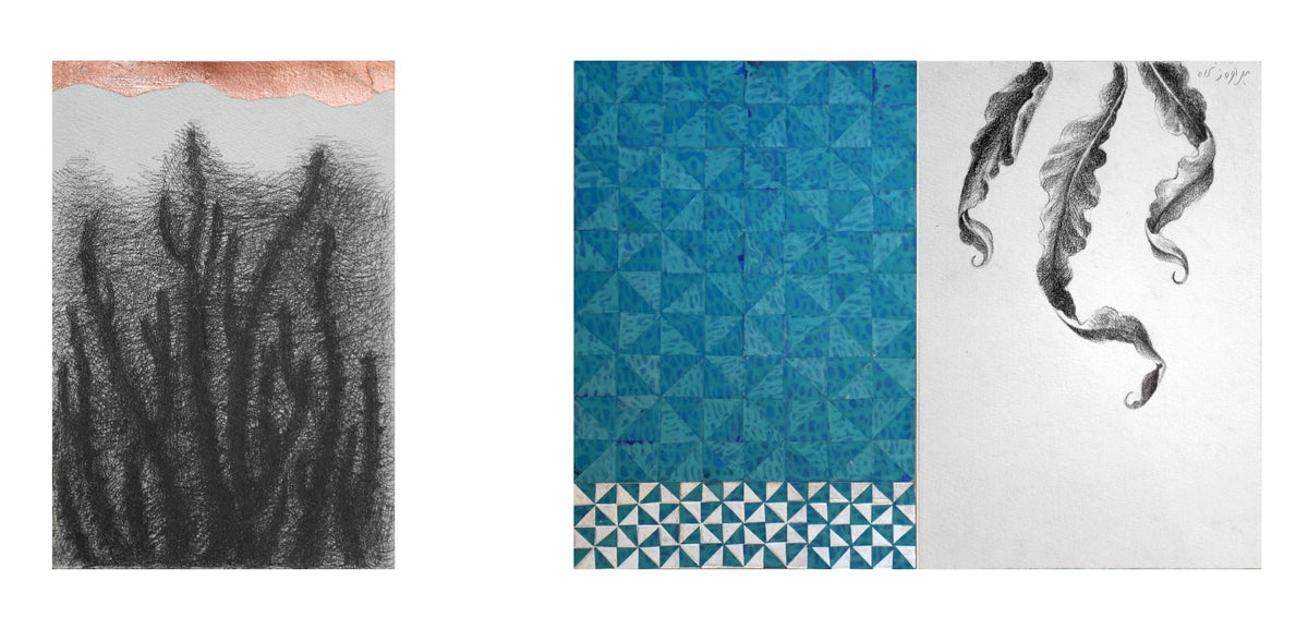 Painting by Meher Afroze, Graphite on Reeves & Acrylic on Wasli, Silver & Copper Leaf, 28 x 12 inches