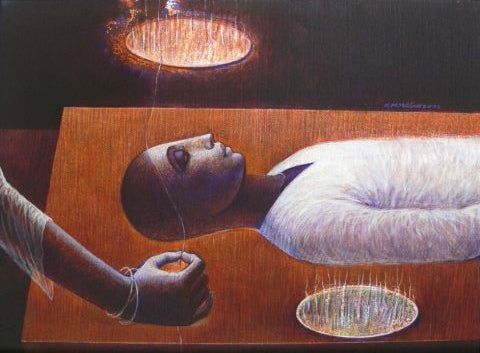 Figurative Painting by R.M. Naeem, Acrylics on Canvas, 13.5 x 9.5 Inches