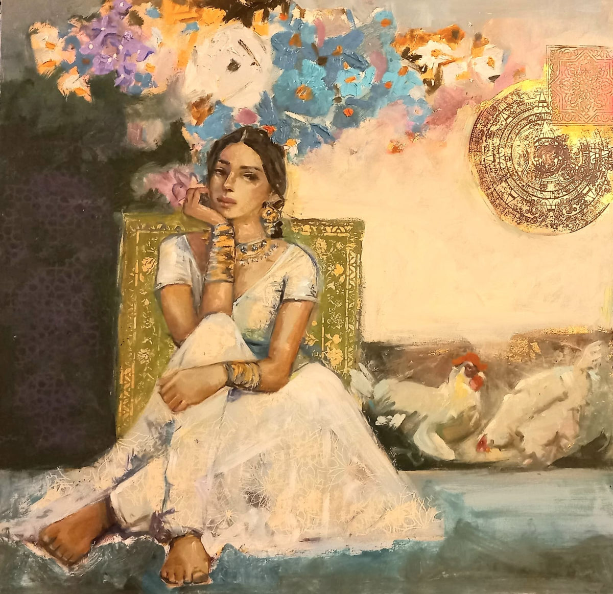 Figurative Painting by Tayyaba Aziz, Oil & Acrylic on Canvas, 30 x 30 Inches