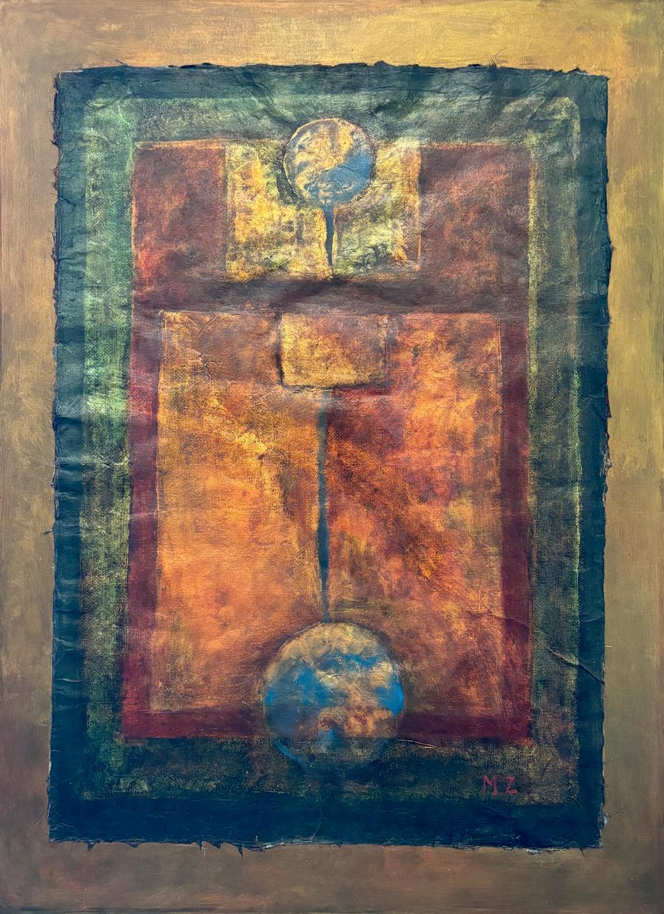 Abstract Painting by Mobina Zuberi, Oil on Nepalese Paper, 28 x 37 Inches