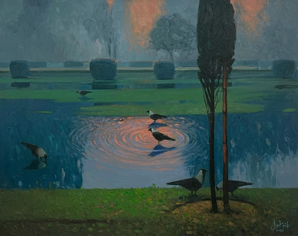 Ravens Relishing Daybreak, Cityscape Painting by Dr. Arshad Maqbool, Oil on Canvas, 30 x 24 Inches