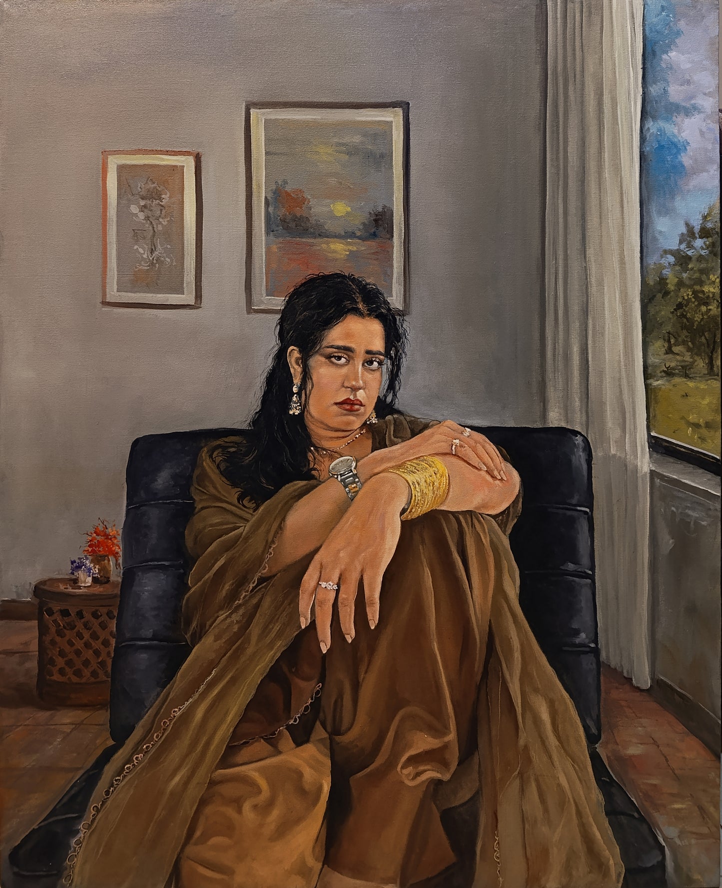 What She Knows, Figurative Painting by Muqeet Haider, Oil on Canvas, 28 x 34.5 inches