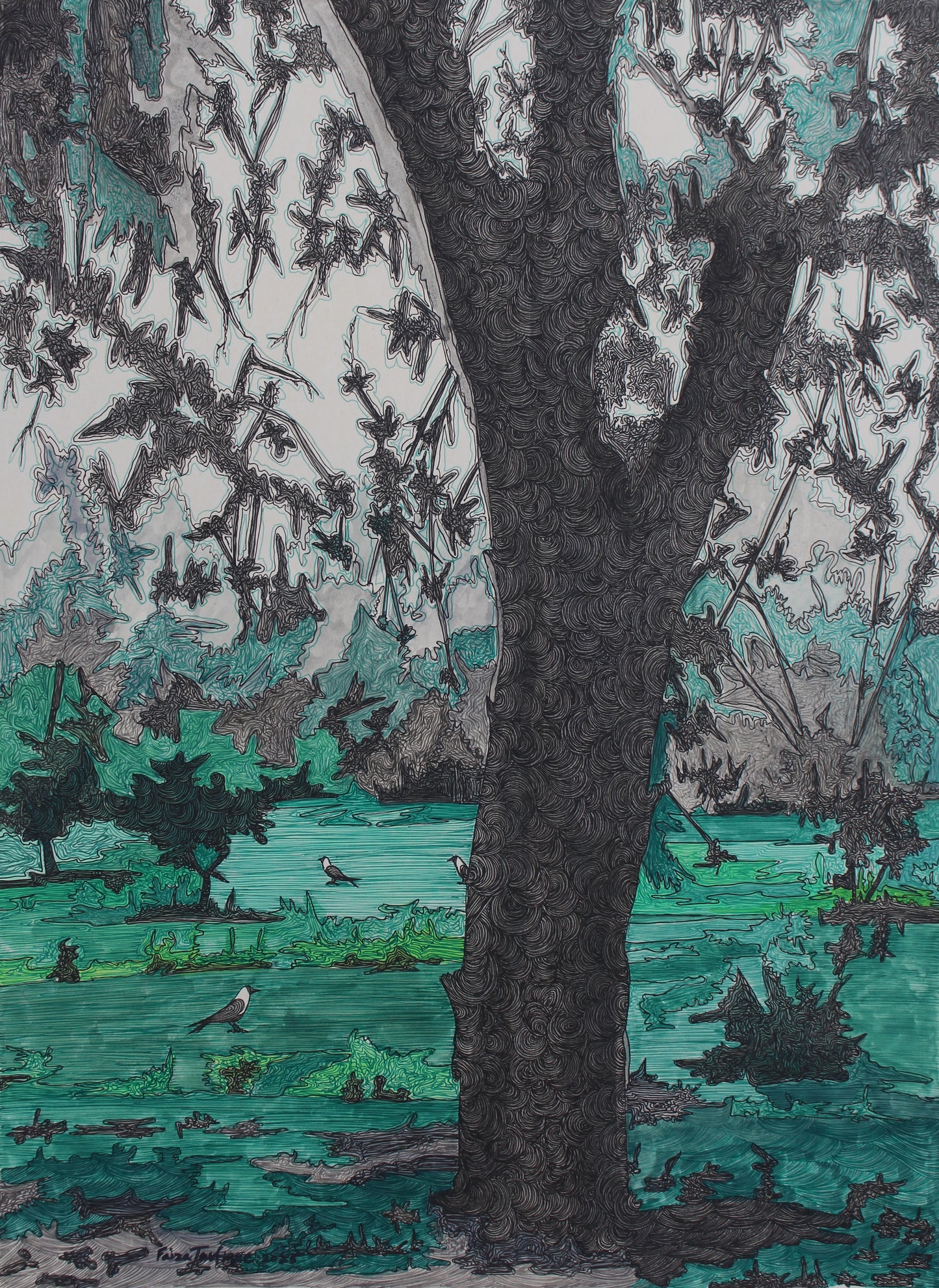 Green Serenity, Painting by Faiza Taufique, Ink on Card, 18 x 24 inches