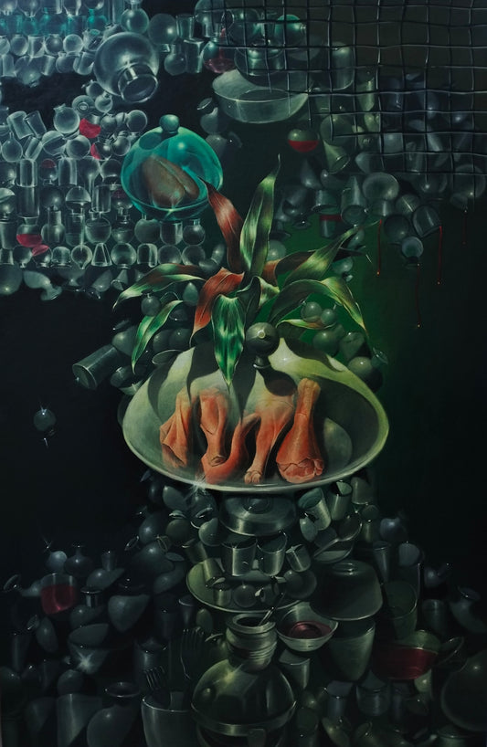 Press the Button 2024, Painting by Kainat Atta, Acrylic on Canvas, 24 x 36 inches