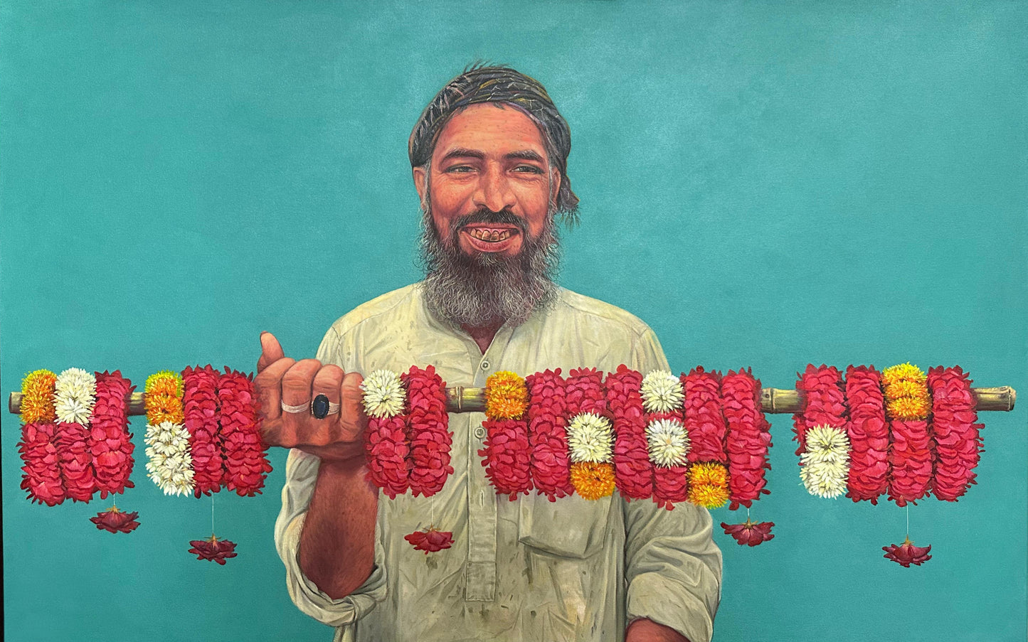 Flowers Vendor, Painting by Asif Hussain, Oil on Canvas, 47 x 30 inches