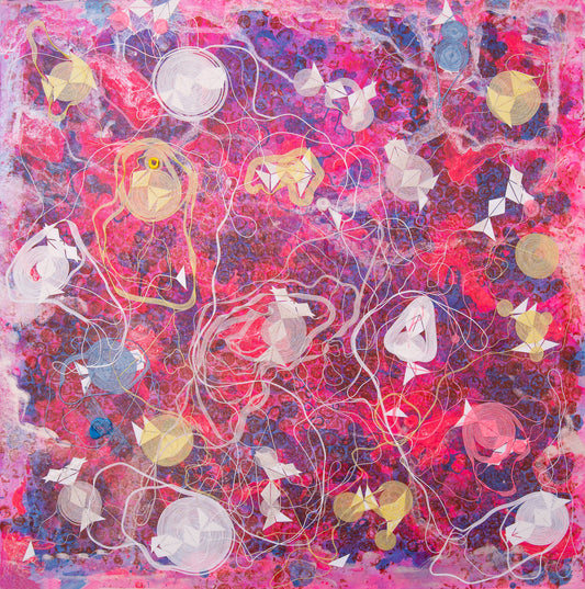 Pink Sea, Painting by Abida Dahri, Mixed Media on Wasli, 17 x 17 inches