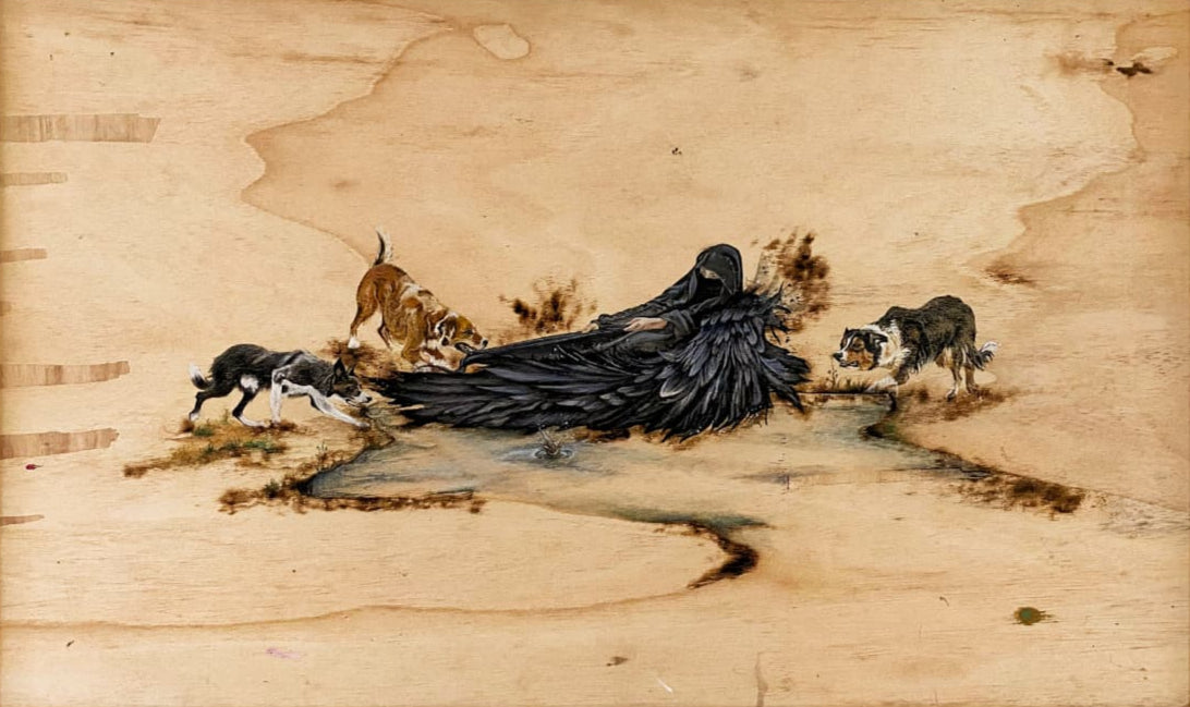 Veiled Pursuit, Painting by Aqsa Nawaz, Mixed Media on Wood, 30 x 18 inches