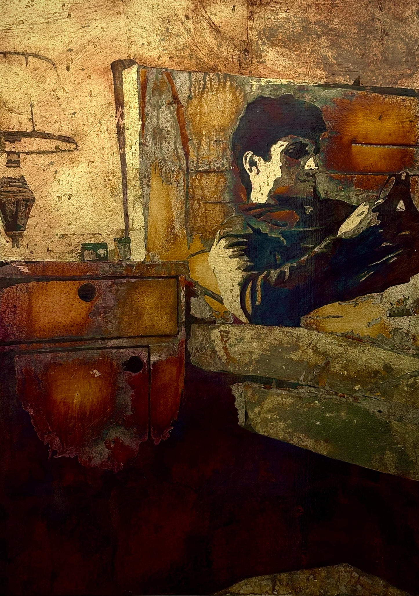 Logged In, Worn Out, Figurative Painting by Swarim Abid, Oxidized Silver leaf on Canvas, 19.5 x 27.5 inches