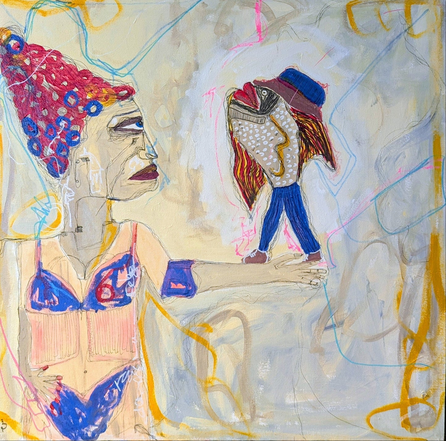 Please Consume Responsibly, Figurative Painting by Samiya Mahir Sheikh, Acrylics & Mixed Media on Canvas, 24 x 24 inches