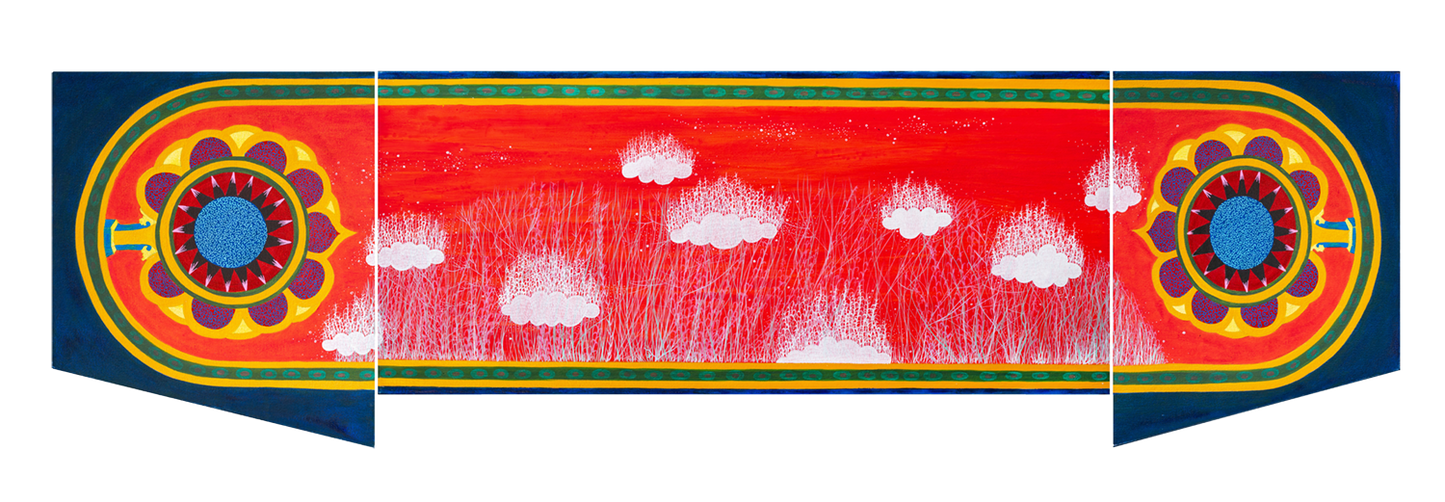 Red Tapestry (Triptych), Abstract Painting by Imran Mughal, Acrylic on Canvas, 56.5 x 15 inches