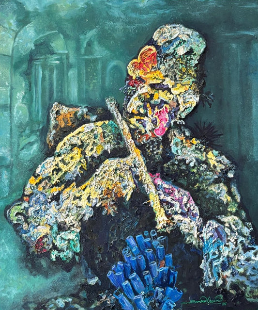 "Musician", Figurative Painting by Samra Cheema, Oil & Pearls on Canvas, 35.8 × 30 inches