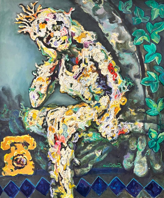 "Talk to me", Figurative Painting by Samra Cheema, Oil & Gold Leaf on Canvas, 30 × 35.8 inches