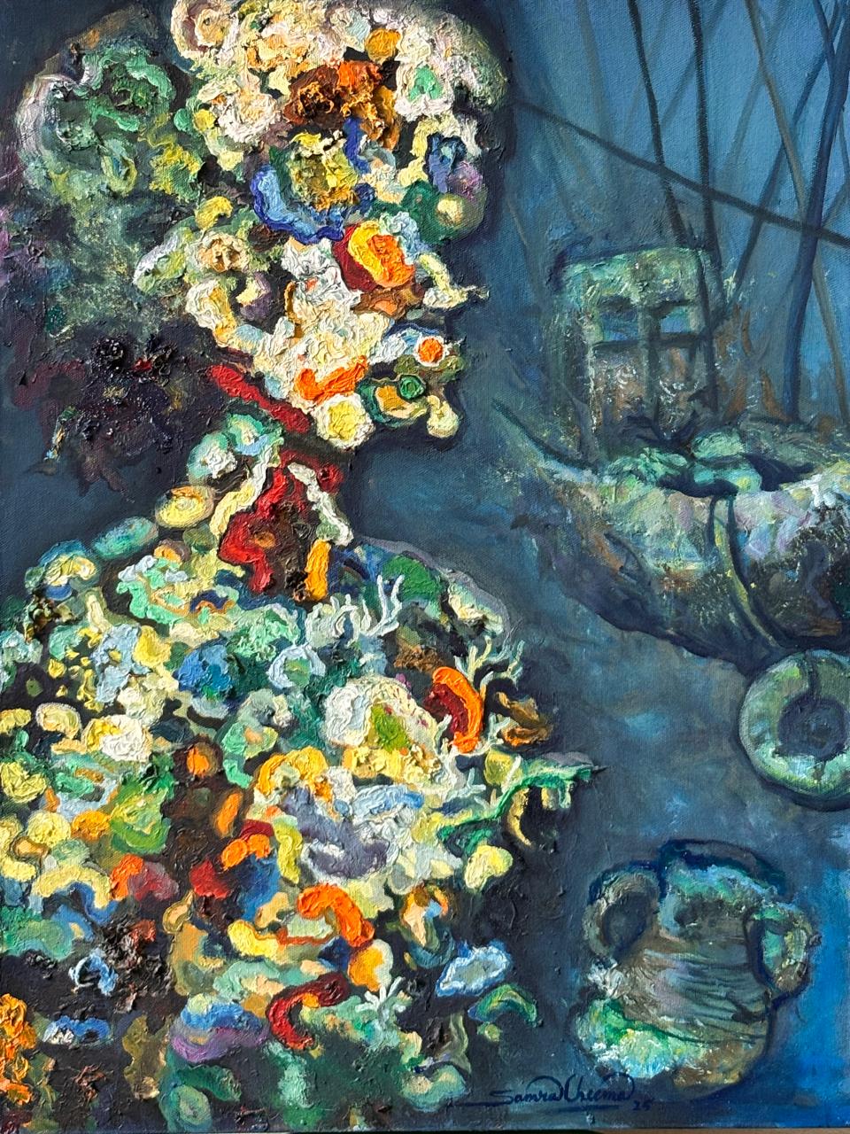 "In the Sea", Figurative Painting by Samra Cheema, Oil on Canvas, 17.8 × 23.6 inches