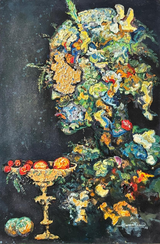 "Golden Night", Figurative Painting by Samra Cheema, Oil & Gold Leaf on Canvas, 23.6 × 35.8 inches