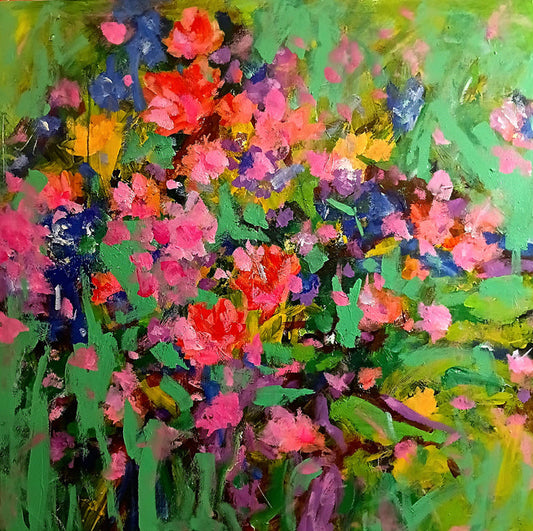 Floral Abstract Painting by Mazher Qureshi, Acrylic on Canvas, 36 x 36 Inches