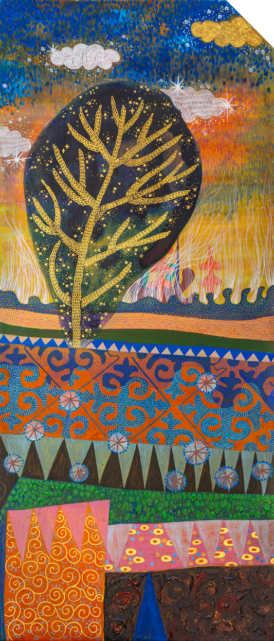 Ascension Through the Enchanted Tree, Abstract Painting by Imran Mughal, Acrylic on Canvas, 12 x 28 inches