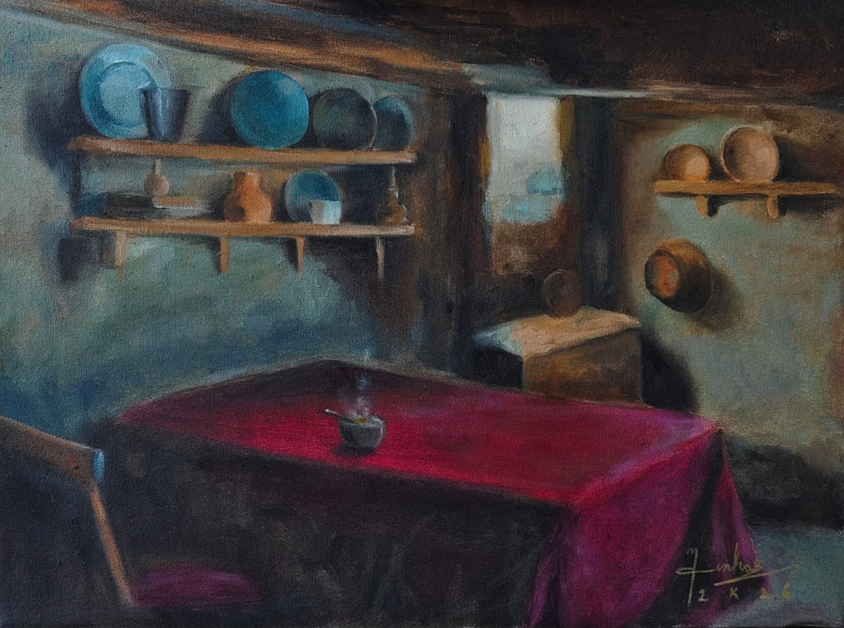 The Unspoken Table, Still Life Painting by Muntazir Mehdi Minhas, Oil on Canvas, 12 x 16 Inches