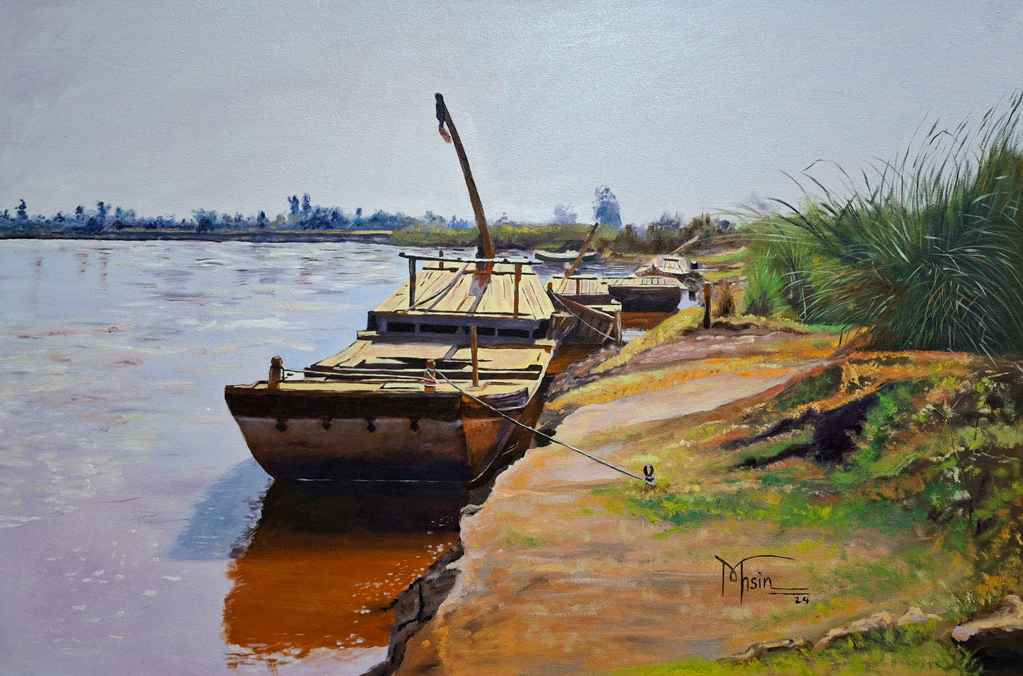 "Moored on the Jhelum", Painting by Muhammad Mohsin Rasheed, Oil on Canvas, 36 x 24 inches