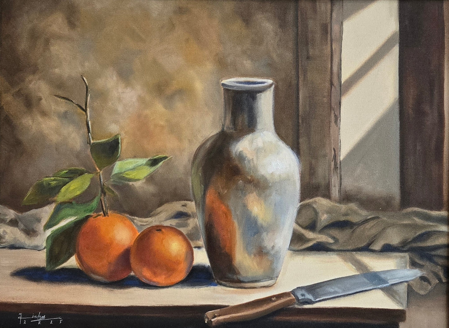 Capture Citrus & Steel, Still life Painting by Minhas, Oil on Canvas, 24 x 18 inches