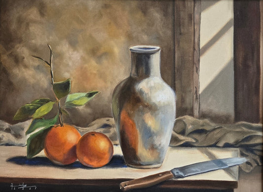Capture Citrus & Steel, Still life Painting by Minhas, Oil on Canvas, 24 x 18 inches