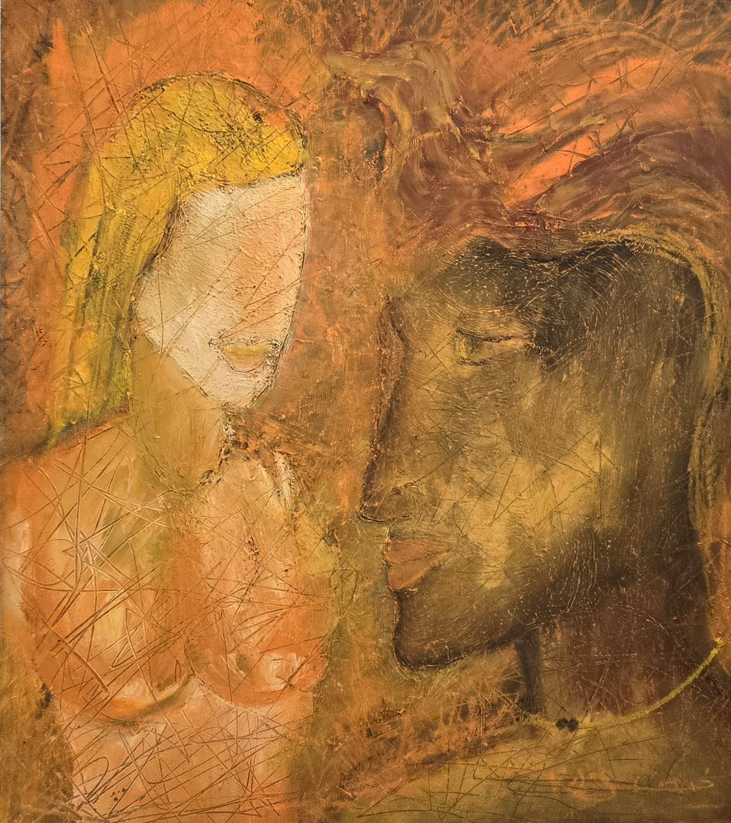 Aliya & the Hostel Guy with Pompadour, Abstract Painting by Arjumand Faisel, Oil on Canvas, 18 x 20 inches