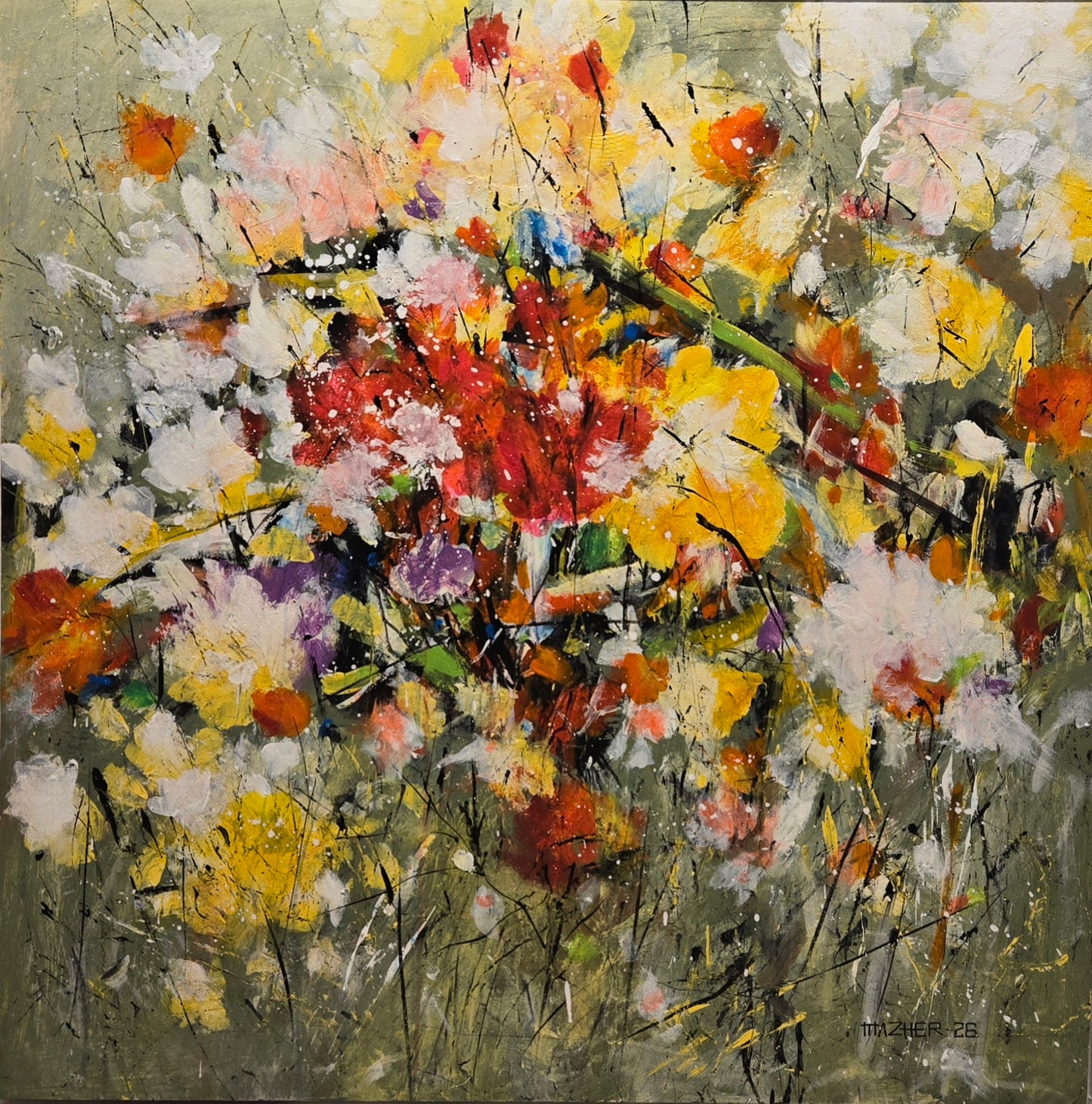 Floral Abstract Painting by Mazher Qureshi, Acrylic on Canvas, 36 x 36 Inches