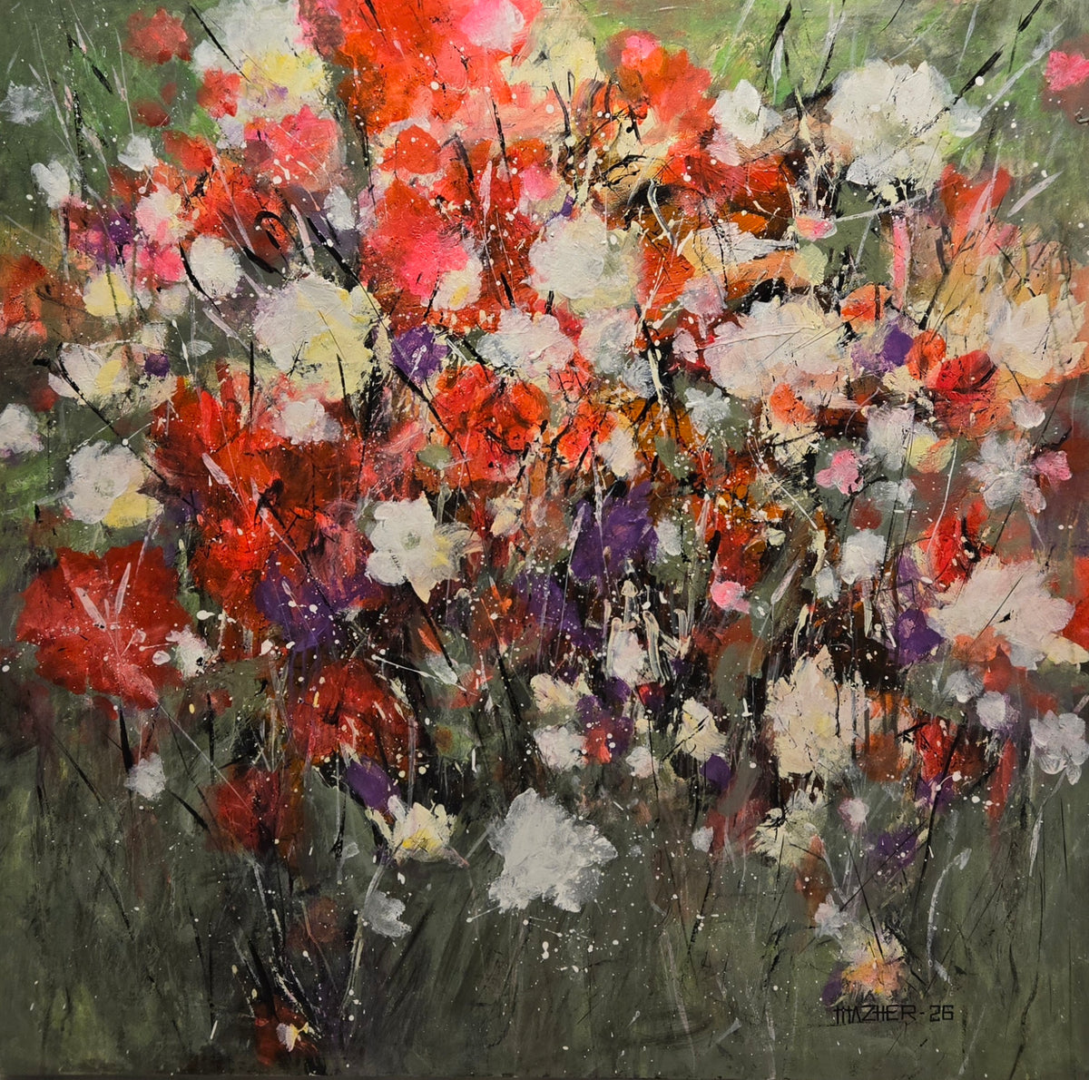 Floral Abstract Painting by Mazher Qureshi, Acrylic on Canvas, 36 x 36 Inches
