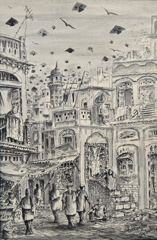 Cityscape Painting by Ghazanfar Iqbal, Mixed Media on Canvas, 11.5 x 17.5 Inches