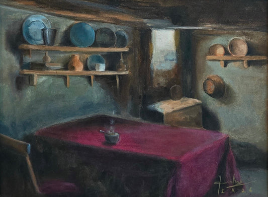The Unspoken Table, Still Life Painting by Muntazir Mehdi Minhas, Oil on Canvas, 12 x 16 Inches