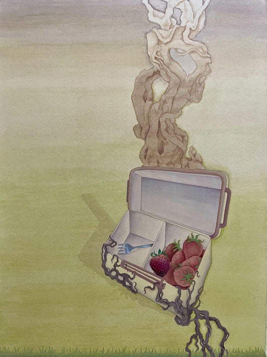 Strawberry Lunchbox, Still Life Painting by Khizra Tanvir, Gouache & Watercolour on Wasli, 14 x 18 inches
